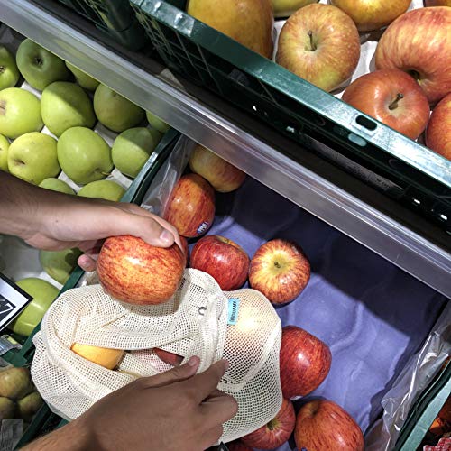 Bolsas reutilizables fruta. 4 bolsas reutilizables compra de malla de algodón para productos frescos. Lavables y transpirables para frutas, verduras, juguetes. Sin BPA, ecológicas y biodegradables.