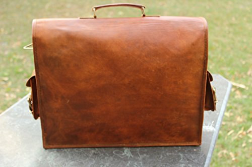 Bolso bandolera de piel y hecho a mano para ordenador portátil, bolso acolchado, mochila escolar (color marrón, 40,6 x 30,4 x 12,7 cm)