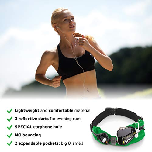 Bolso Cinturon Deportiva - Riñonera Running – Running Belt iPhone 6, 7 Plus para Corredores - Mejor equipo de Correr para Ejercicios de Manos Libres - Cinturón para Fitness con Dos Bolsillos (Verde)