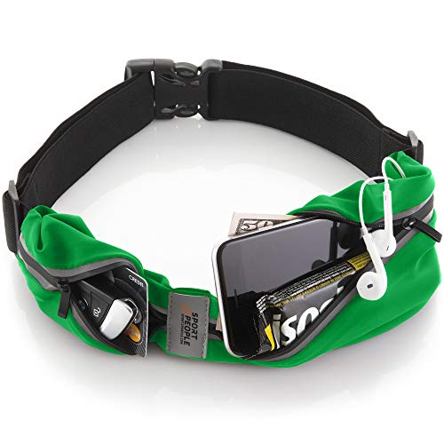 Bolso Cinturon Deportiva - Riñonera Running – Running Belt iPhone 6, 7 Plus para Corredores - Mejor equipo de Correr para Ejercicios de Manos Libres - Cinturón para Fitness con Dos Bolsillos (Verde)