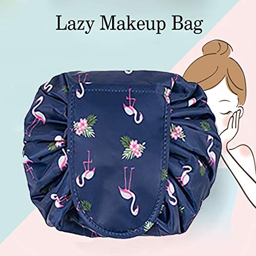 Bolso de lazo perezoso Gran capacidad Paquete de viaje portátil de maquillaje a prueba de agua Bolsa de almacenamiento de maquillaje mágico para las mujeres niñas (Azul oscuro Flamenco)