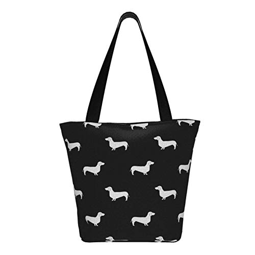 Bolso de mano de lona de línea de algodón con silueta de perro salchicha en blanco y negro Bolso reutilizable de hombro Bolsas de compras de comestibles