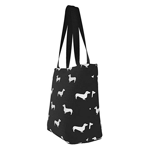 Bolso de mano de lona de línea de algodón con silueta de perro salchicha en blanco y negro Bolso reutilizable de hombro Bolsas de compras de comestibles