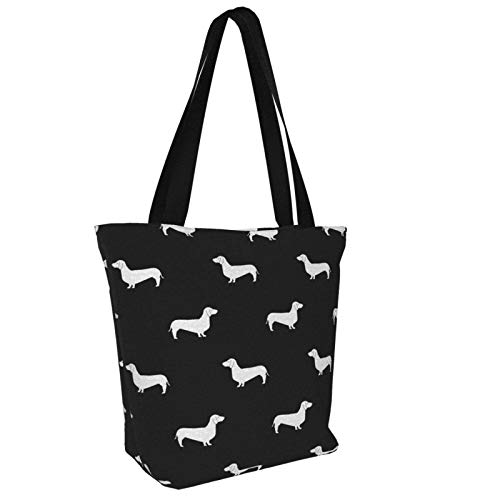 Bolso de mano de lona de línea de algodón con silueta de perro salchicha en blanco y negro Bolso reutilizable de hombro Bolsas de compras de comestibles