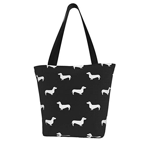 Bolso de mano de lona de línea de algodón con silueta de perro salchicha en blanco y negro Bolso reutilizable de hombro Bolsas de compras de comestibles