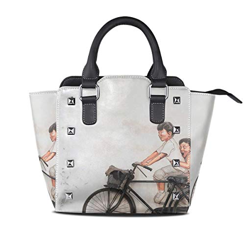 Bolso de mano de pared de ladrillo marrón con pintura de mujer, bolso de mano con remaches de cuero PU, asa superior para mujer