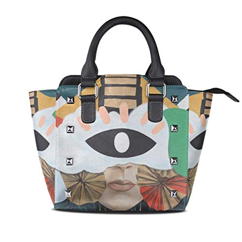 Bolso de mano de pared de ladrillo marrón con pintura de mujer, bolso de mano con remaches de cuero PU, asa superior para mujer