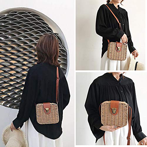 Bolso de Paja Bandolera para Mujer Bolsa de Hombro para Playa de Verano, Viajar, Fecha, Vacaciones y Uso Diario,Estilo boho con hecho a mano tejido Bolso cruzado