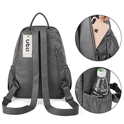 Bolso Mochila de Dama Mujer - UTO Mochila Escolar de Cuero Sintético Ligero Mochila Casual Adolescente Simple con Bolsillos Laterales Gris