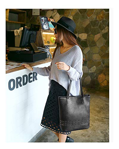 Bolsos de Mujer Grandes Bolsos de Hombro Gran Capacidad Bolsos Totes Bolso Cuero PU de Remaches Bolso Shopper (Negro)