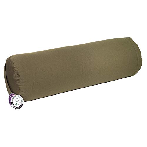 Bolster de yoga verde oliva, 60 x 20 cm, redondo, certificado OCS, relleno con cáscara de trigo sarraceno, para posturas de yoga de recuperación y relajación profunda.