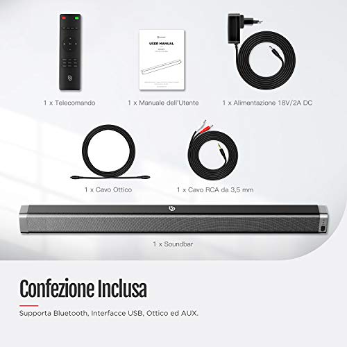 Bomaker, Barra de Sonido 2.0 Canales, Potencia 120dB, Tecnología DSP Subwoofer Incorporado + Bluetooth para TV, Soporte Óptico, 3,5 mm Audio AUX, USB, Diseñado para Cine en Casa, ODINE I, Negro-Gris