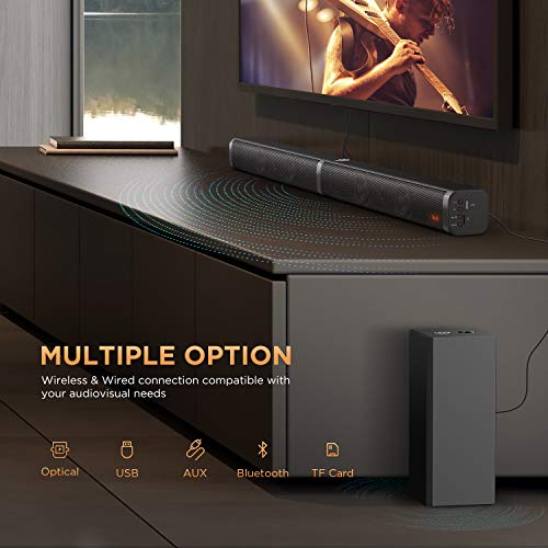 Bomaker Barra de Sonido 2.1 para TV, 4K&HD 100W con Subwoofer, Potencia 120 dB, Bluetooth 5.0, 5 Modos de Sonido, Óptico, 3,5 mm AUX, USB, para Cine en Casa, Tapio V-Negro