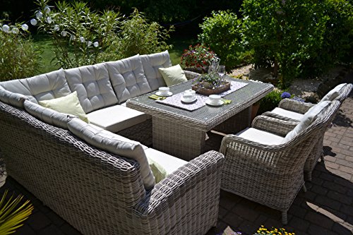 Bomey Ratán sintético Muebles de Jardín Set I (4 piezas) Manhattan I Jardín sofá + mesa + 2 sillones + acolchado I gris beige I Dining Lounge ratán para jardín + Terraza + Jardín De Invierno