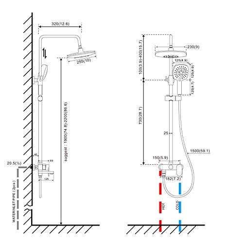 BONADE Columna de Ducha con Grifo, Redonda Conjunto de Ducha Altura Ajustable (83-113 cm), Sistema de Ducha Latón con Cabeza de Ducha Lluvia y Ducha de Mano con 3 Chorros de Agua para Baño
