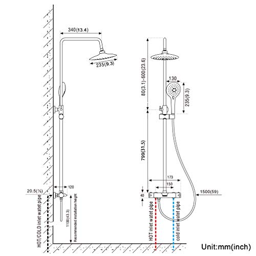 BONADE Columna de Ducha Termostática Sistema de Ducha Cromado con Termostato y Grifo de Bañera Cascada Conjunto de Ducha de Acero Inoxidable y Latón Ajustable en Altura (91,9 - 143,9 cm)