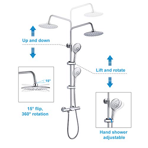 BONADE Columna de Ducha Termostática Sistema de Ducha Cromado con Termostato y Grifo de Bañera Cascada Conjunto de Ducha de Acero Inoxidable y Latón Ajustable en Altura (91,9 - 143,9 cm)