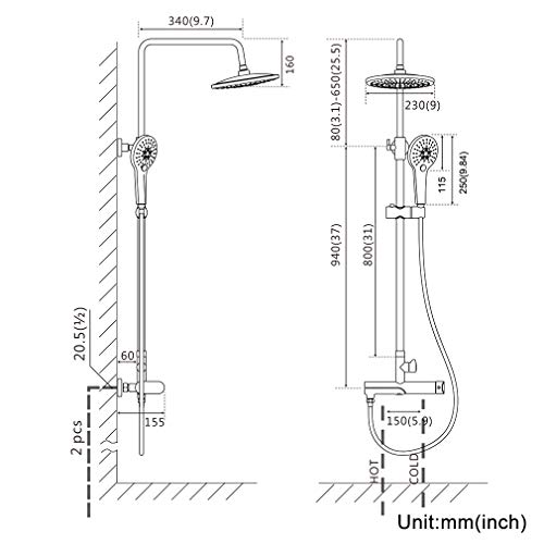 BONADE Sistema de Ducha con Grifo Columna Ducha Conjunto de Ducha Cabezal de Ducha de ABS Ducha de Mano con 3 Funciones Barra Regulable