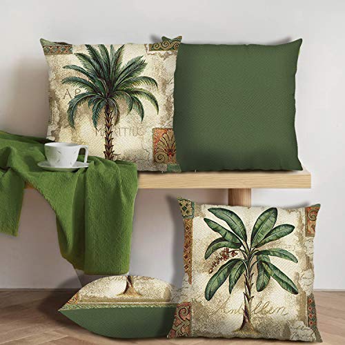 Bonhause Juego de 4 Funda de Cojín 45x45cm Palmera Tropical Algodón Lino Fundas de Almohada para Cojines Decorativos para Sofá Cama Coche Hogar