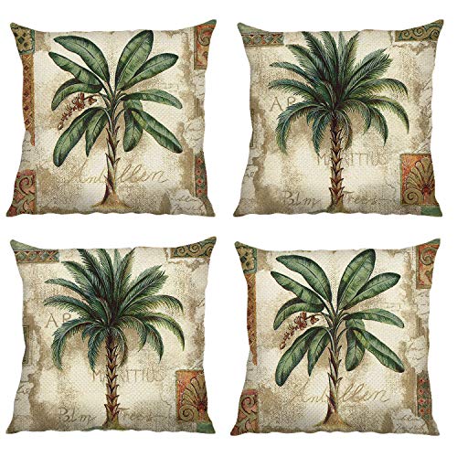 Bonhause Juego de 4 Funda de Cojín 45x45cm Palmera Tropical Algodón Lino Fundas de Almohada para Cojines Decorativos para Sofá Cama Coche Hogar Bonhause Juego de 4 Funda de Cojín 45x45cm Palmera Tropical Algodón Lino Fundas de Almohada para Cojines Decorativos para Sofá Cama Coche Hogar
