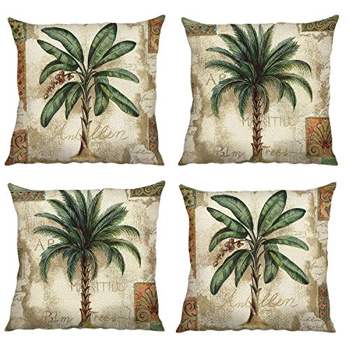 Bonhause Juego de 4 Funda de Cojín 45x45cm Palmera Tropical Algodón Lino Fundas de Almohada para Cojines Decorativos para Sofá Cama Coche Hogar