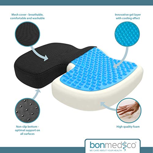 Bonmedico Cojín de Asiento Ortopédico con Capa de Gel, Espuma de Memoria para Alivio del Dolor de Coxis, Presión, Úlceras, etc. para el Coche, Oficina o Silla de Ruedas, Estándar