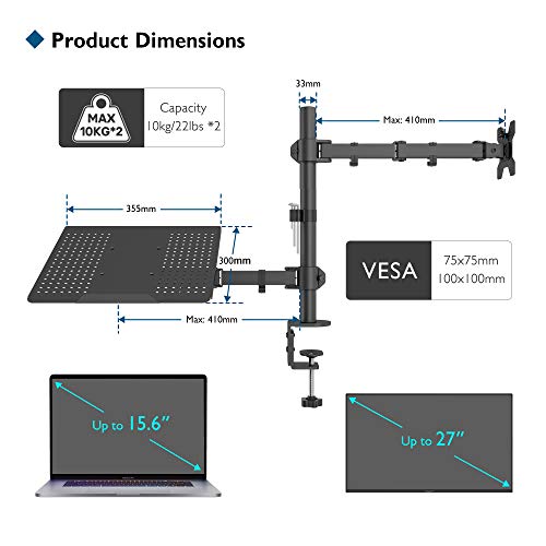 BONTEC Brazo de Monitor con Bandeja para Computadora Portátil para Pantalla LED LCD de 13-27 Pulgadas y Computadora Portátil de hasta 15,6 Pulgadas, Inclinable y Giratorio, VESA 75/100mm