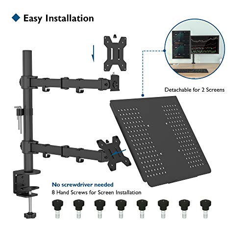 BONTEC Brazo de Monitor con Bandeja para Computadora Portátil para Pantalla LED LCD de 13-27 Pulgadas y Computadora Portátil de hasta 15,6 Pulgadas, Inclinable y Giratorio, VESA 75/100mm