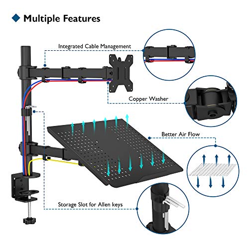 BONTEC Brazo de Monitor con Bandeja para Computadora Portátil para Pantalla LED LCD de 13-27 Pulgadas y Computadora Portátil de hasta 15,6 Pulgadas, Inclinable y Giratorio, VESA 75/100mm