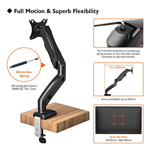 BONTEC Soporte Monitor Mesa Brazo Monitor Singular para Monitor Pantallas LCD LED de 13-27 Pulgadas, Soporte VESA 75-100 mm y Peso 2-6.5 kg, Cable de extensión USB 3.0 Gratuito de 1,8 m