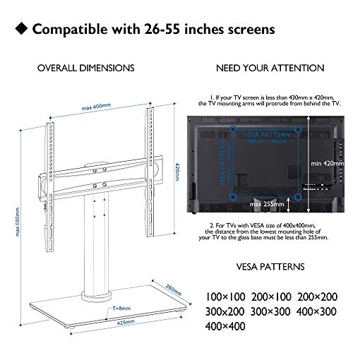 BONTEC Soporte TV Universal Peana TV Soporte Giratoria TV de 26-55 Pulgadas para Pantalla LED/LCD/Plasma/Curva/Plana, con Solo Toque Giratorio y Ajuste de Altura, Carga 40kg - máx. VESA 400x400 mm