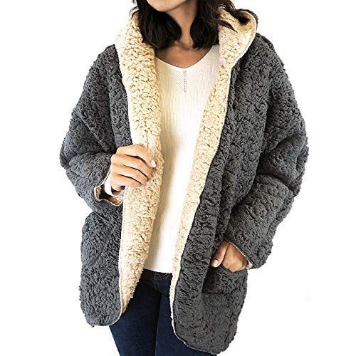 boquita de piñon Chaqueta Borrego Mujer Reversible Invierno Borreguito con Cremallera Abrigo (Gris Oscuro)