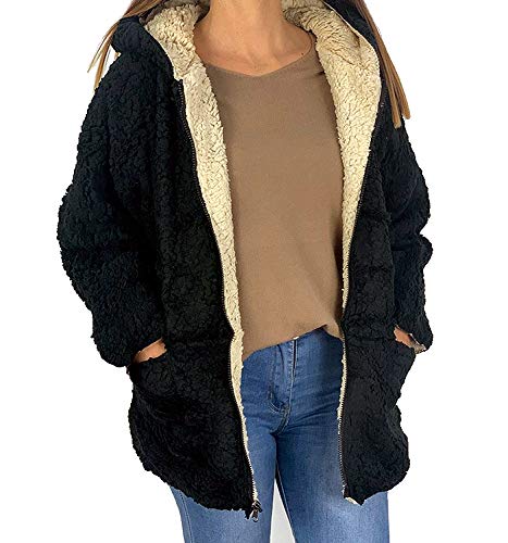 boquita de piñon Chaqueta Borrego Mujer Reversible Invierno Borreguito con Cremallera Abrigo (Negro)