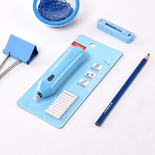 Borrador eléctrico con batería (azul) con 10 gomas de borrar para lápices de grafito y lápices de colores, 12,5 x 2,8 x 2,3 cm.