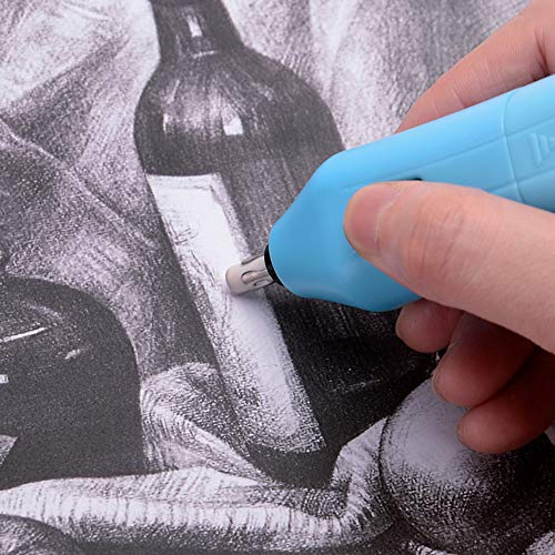 Borrador eléctrico con batería (azul) con 10 gomas de borrar para lápices de grafito y lápices de colores, 12,5 x 2,8 x 2,3 cm.
