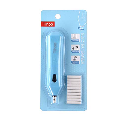 Borrador eléctrico con batería (azul) con 10 gomas de borrar para lápices de grafito y lápices de colores, 12,5 x 2,8 x 2,3 cm.