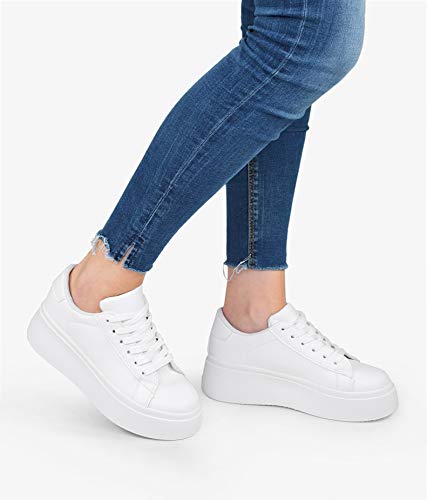 BOSANOVA Zapatillas Blancas con Plataforma 5 cm y Cordones para Mujer | Bambas Total Look Blanco. Blanco 38