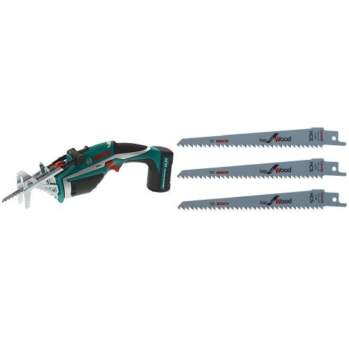 Bosch Keo - Sierra de poda a batería, hoja de sierra para madera, cargador de 3 horas (10,8 V, capacidad de corte max. Ø 80 mm) & F016800303 Set de 3 Cuchillas para KEO, Piezas