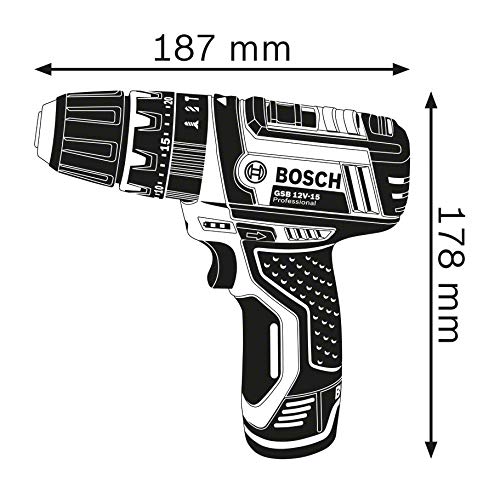 Bosch Professional 12V System GSB 12V-15 - Taladro percutor a batería (30 Nm, 1300 rpm, 2 baterías x 2.0 Ah, en L-BOXX)