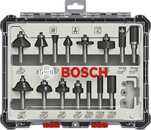 Bosch Professional 2607017472 Juego de 15 fresas para ranurar, rebajar, unir, recortar y perfilar madera, para fresadoras con vástago de 8 mm, Color Plata