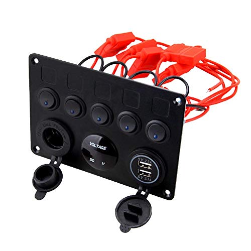 Bostar 5 Brazo Interruptor de pandilla Panel de Control LED balancín 12V / 24V Coche Barco Marino 2 USB y voltímetro