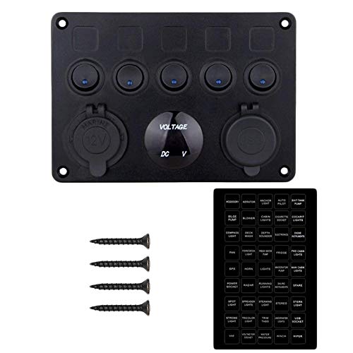 Bostar 5 Brazo Interruptor de pandilla Panel de Control LED balancín 12V / 24V Coche Barco Marino 2 USB y voltímetro Bostar 5 Brazo Interruptor de pandilla Panel de Control LED balancín 12V / 24V Coche Barco Marino 2 USB y voltímetro