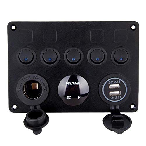 Bostar 5 Brazo Interruptor de pandilla Panel de Control LED balancín 12V / 24V Coche Barco Marino 2 USB y voltímetro Bostar 5 Brazo Interruptor de pandilla Panel de Control LED balancín 12V / 24V Coche Barco Marino 2 USB y voltímetro