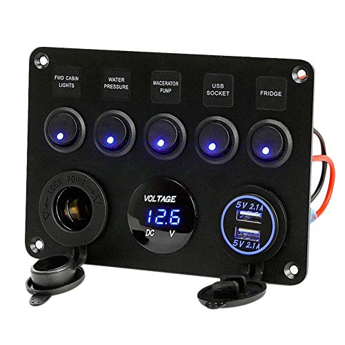 Bostar 5 Brazo Interruptor de pandilla Panel de Control LED balancín 12V / 24V Coche Barco Marino 2 USB y voltímetro