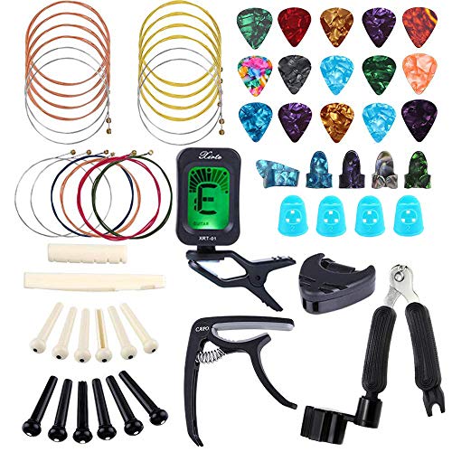 Bosunny 60 PCS Kit de Accesorios de Guitarra que Incluye Púas Para Guitarra,Capo,Afinador,Cuerdas para Guitarra Acústica,3 en 1 Cuerda de Cuerda,Pasadores de Puente,Protector de Dedos