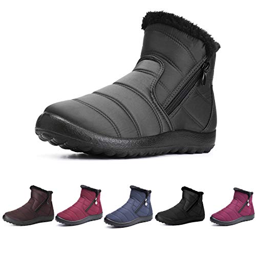 Botas de Nieve para Mujer,Camfosy Botines de Invierno Impermeables Piel Interior cálida Zapatos Planos Tacón Plano Ciudad Botas Antideslizante Cómoda Negro Azul Rojo 2020