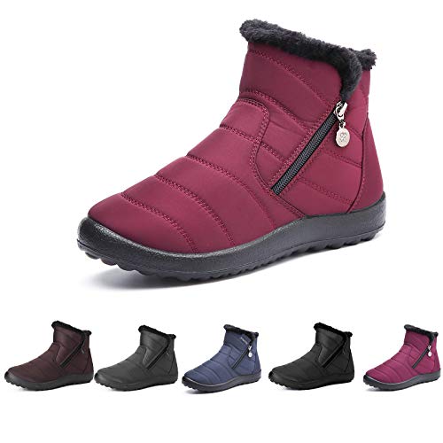 Botas de Nieve para Mujer,Camfosy Botines de Invierno Impermeables Piel Interior cálida Zapatos Planos Tacón Plano Ciudad Botas Antideslizante Cómoda Negro Azul Rojo 2020