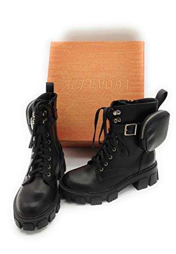 Botas Militares Mujer, Botas de Mujer Invierno 2020, Botines Mujer de Moda, Botas con Monedero Lateral, Botas Negras Mujer. (Numeric_37)