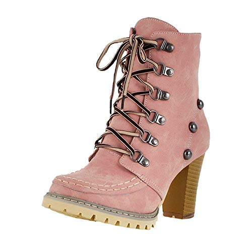 Botas tacón Altas Ancho Grueso Mujer Invierno 2018 PAOLIAN Botas Militares cuña con Cordones Botas Vaqueras caña Media Biker Señora Zapatos Cuero y sintético Piel Calzado Otoño