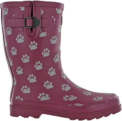 Botas TOSH Wellingtons para mujer Festival Wellies de goma estampadas ancho pantorrilla ajustable hebilla perro cráneo botas de caminar Reino Unido 3-9, color Morado, talla 36 EU